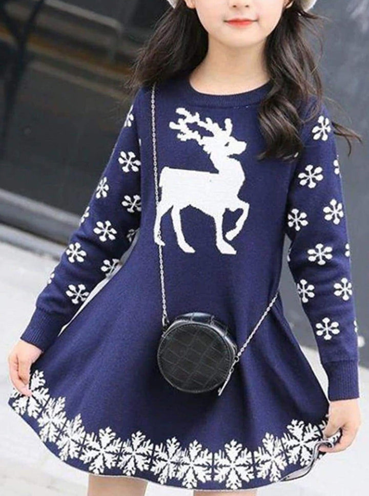 Girls Winter Knit Reindeer Christmas Dress - Girls Fall Dressy Dress