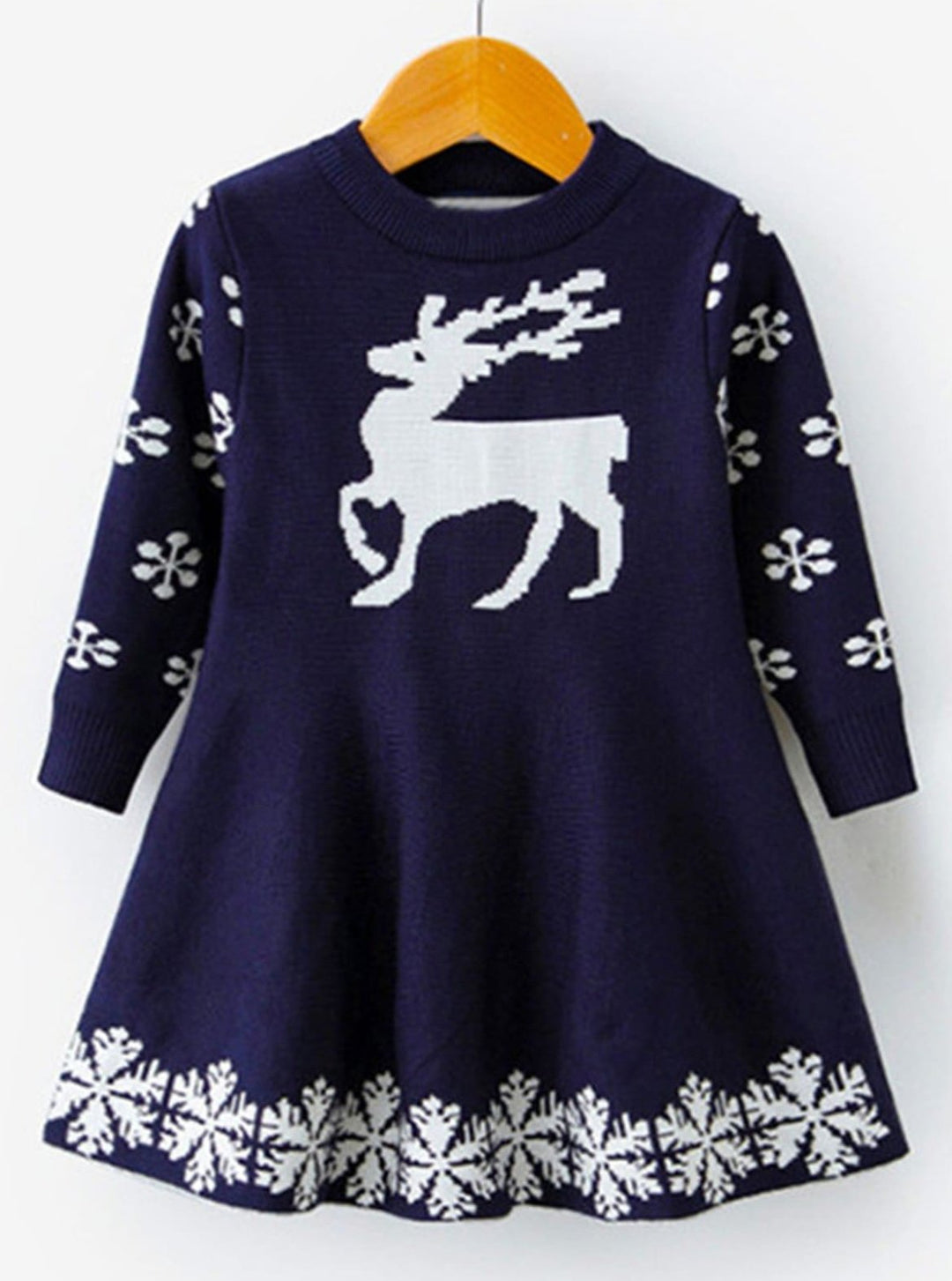 Girls Winter Knit Reindeer Christmas Dress - Navy / 3T - Girls Fall Dressy Dress