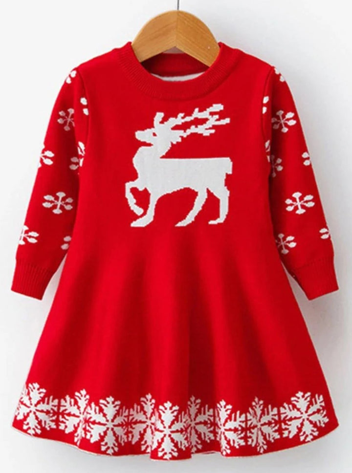 Girls Winter Knit Reindeer Christmas Dress - Red / 3T - Girls Fall Dressy Dress