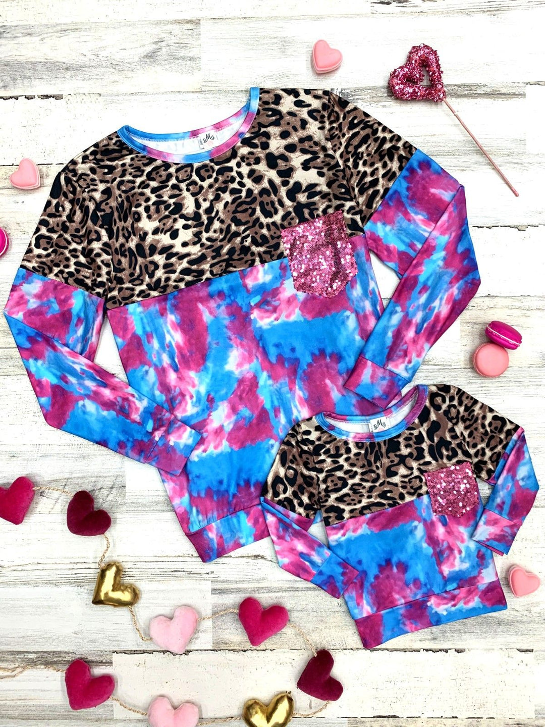 Mommy & Me Matching Tops | Animal Print Sequin Pocket Colorblock Tie Dye