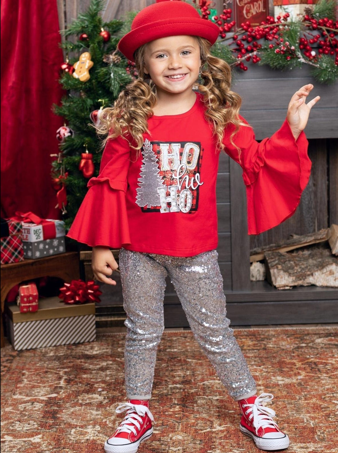 Cute Winter Sets | Girls Ho Ho Ho Bell Sleeve Top & Sequin Legging Set