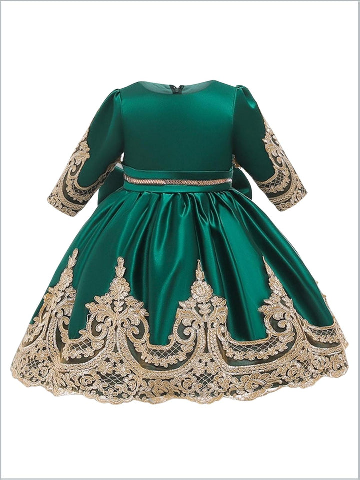 Girls Winter Formal Dress | Satin with Gold Embroidery Holiday Dress