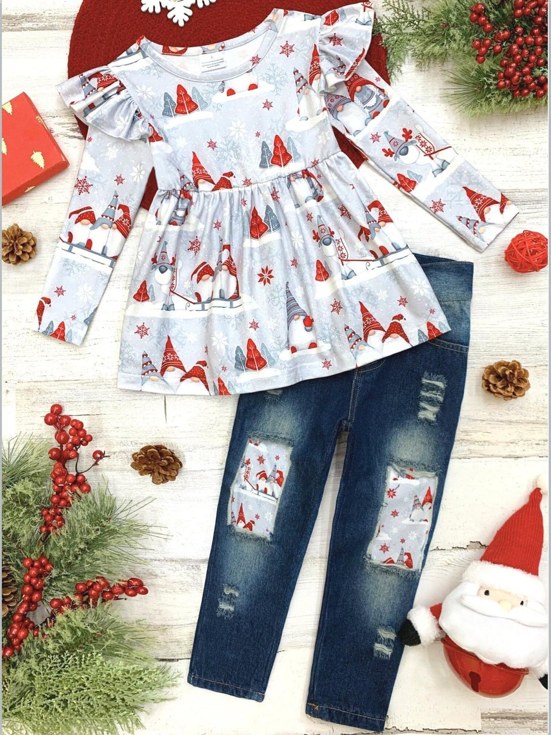 Cute Winter Sets | Girls Winter Gnomes Ruffle Top & Patched Jeans Set