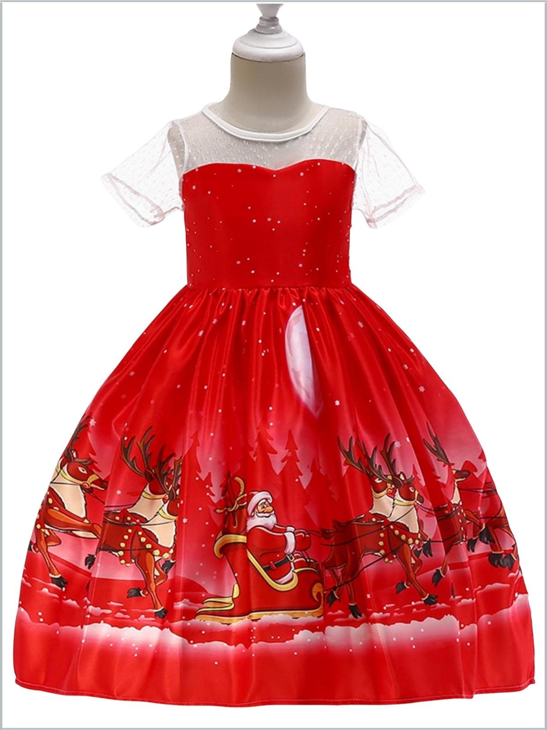 Girls Christmas Dresses | Sheer Sleeve Reindeer Holiday Scene Dress