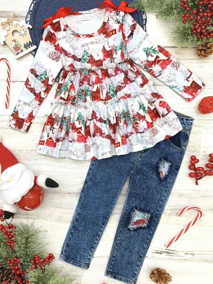 Cute Winter Sets | Christmas Scene Ruffled Top and Patched Jeans Set 