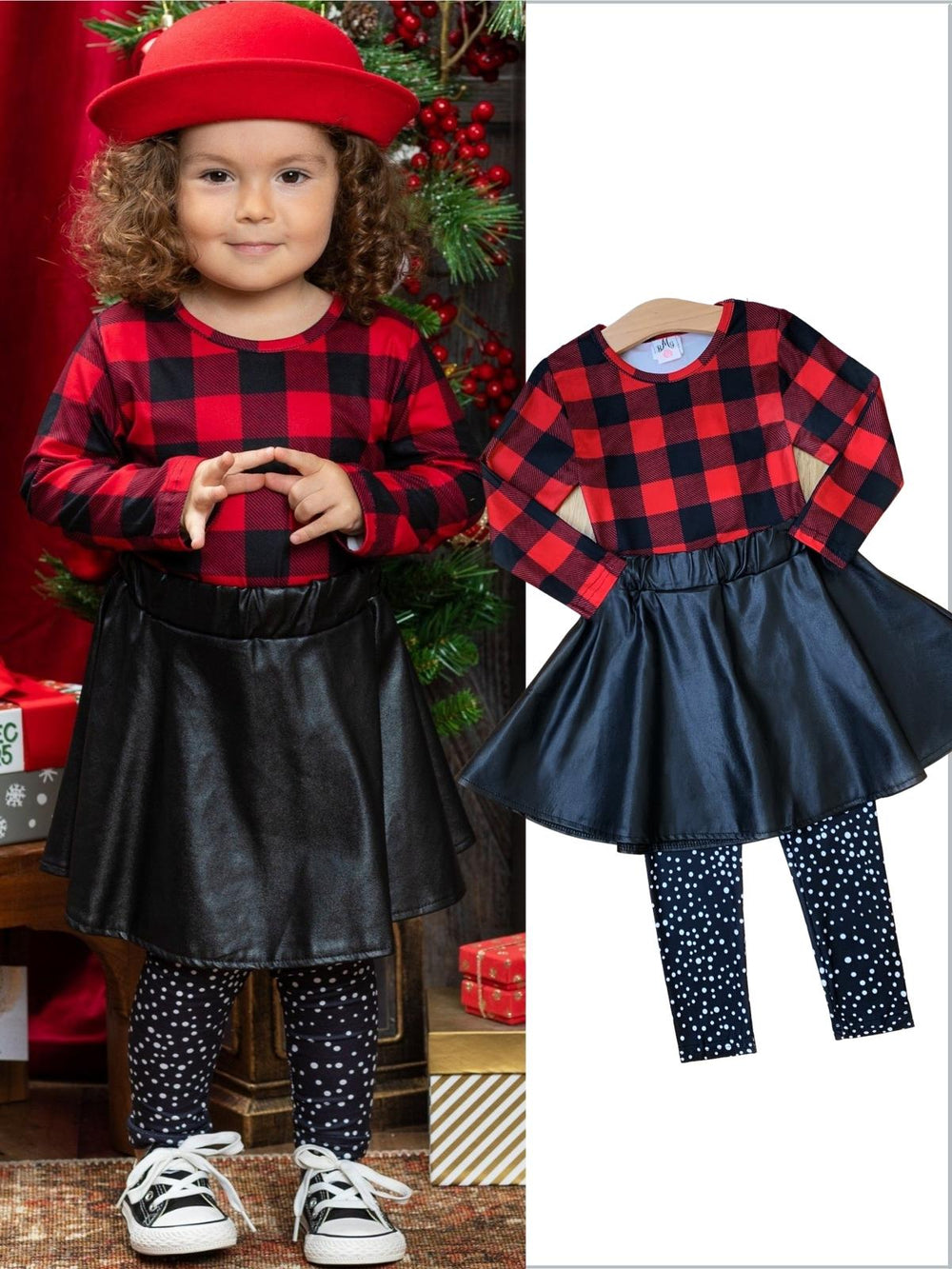 Girls Boutique Clothing | Plaid Top, PU Skirt & Polka Dot Legging Set