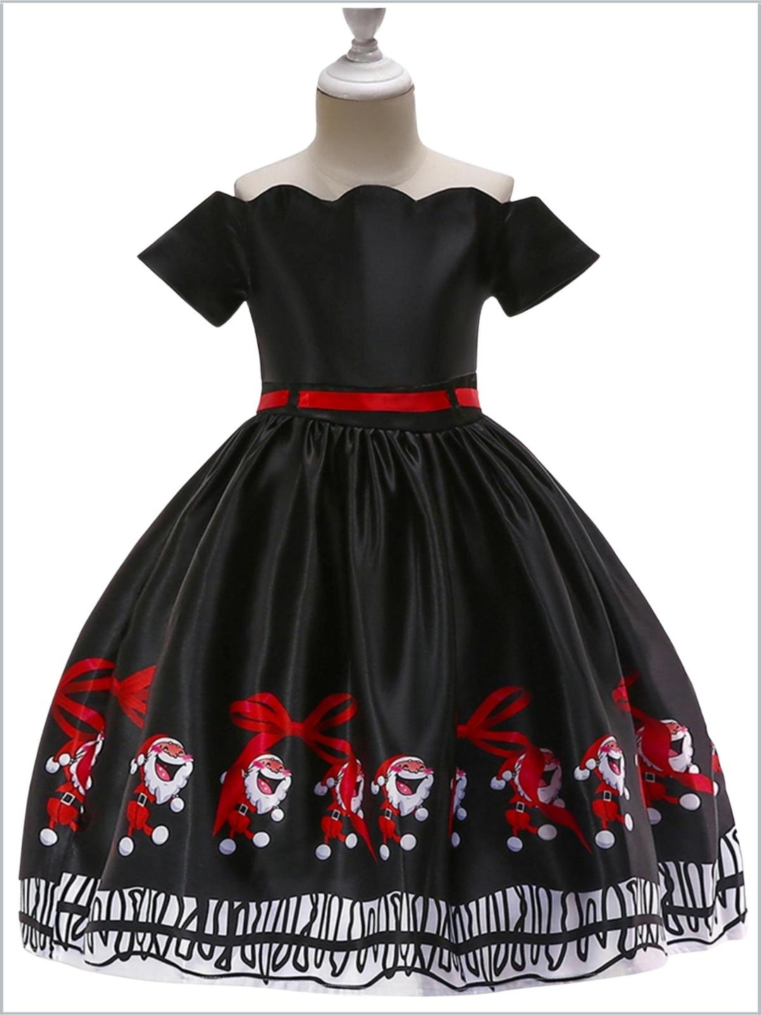 Girls Christmas Dresses | Off Shoulder Santa Scene Print Holiday Dress