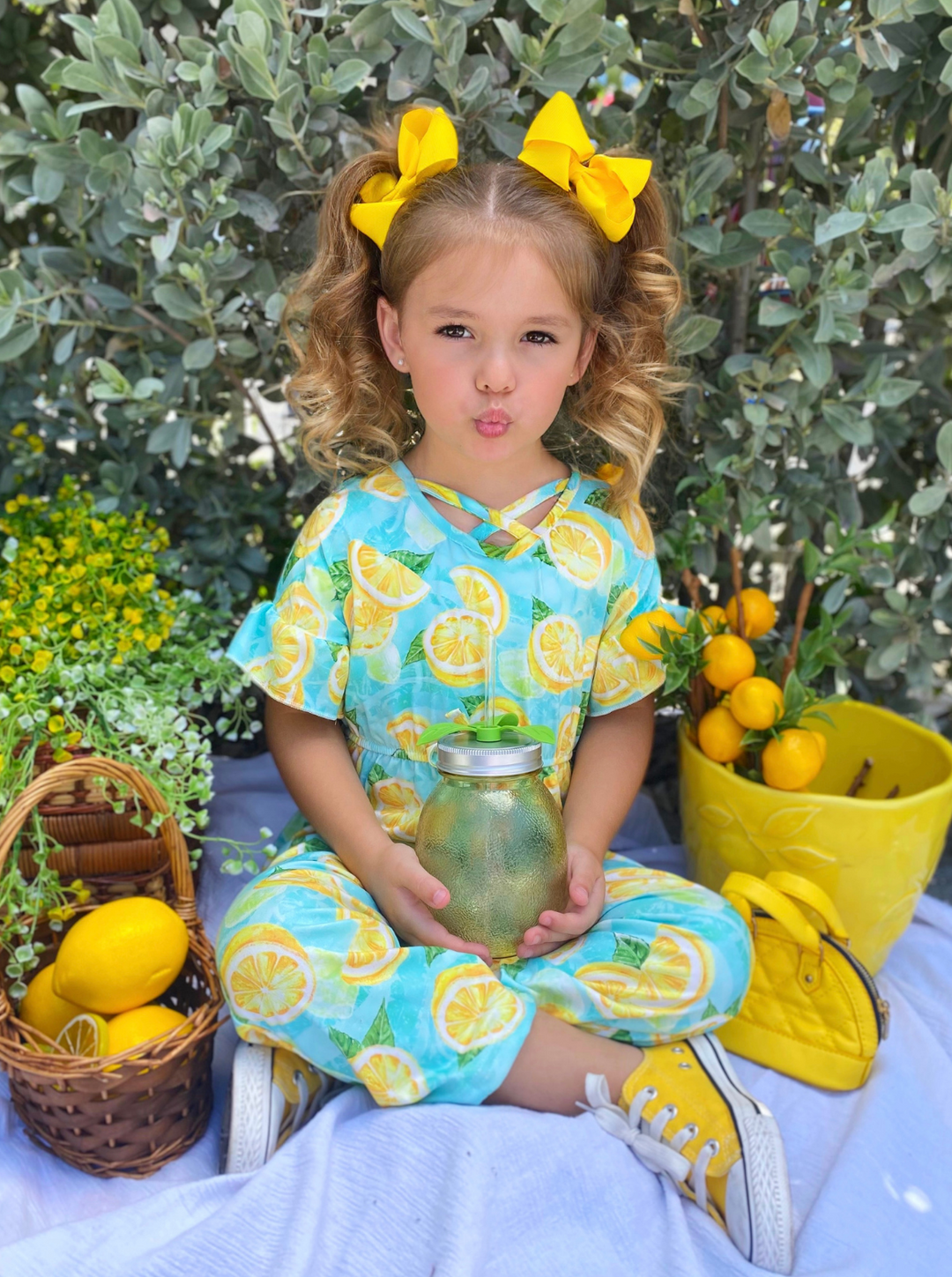 Cute Toddler Outfit | Little Girls Spring Lemon Ruffle Sleeve Jumpsuit