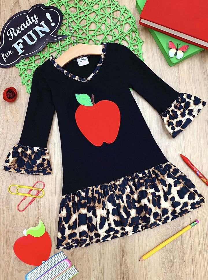 Girls Apple Print Cross Front Dress with Animal Print Ruffles