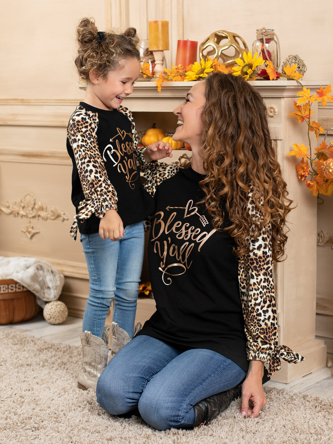 Mommy & Me Matching Fall Tops | Blessed Y'all Animal Print Raglan Tops