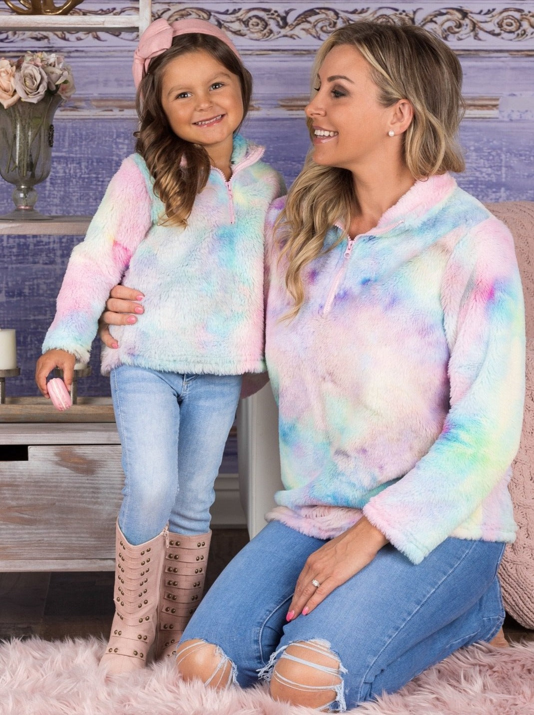 Mommy & Me Tops | Pastel Rainbow Fleece Sweater | Mia Belle Girls