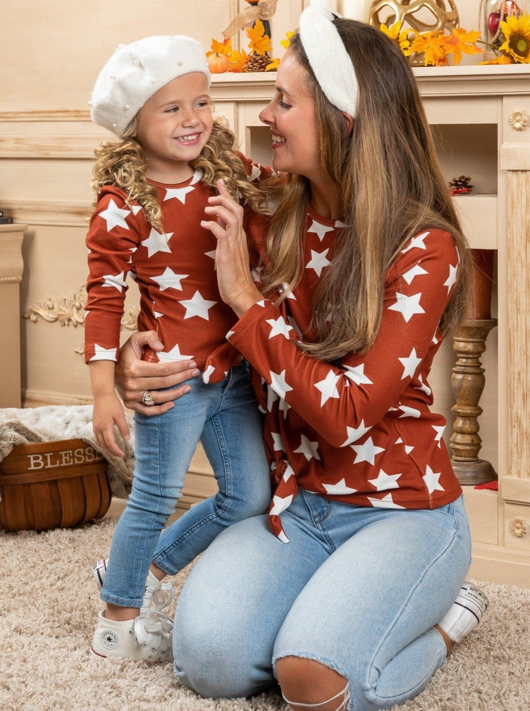 Mommy & Me Fall Tops | Star Print Knot Hem Tops - Mia Belle Girls