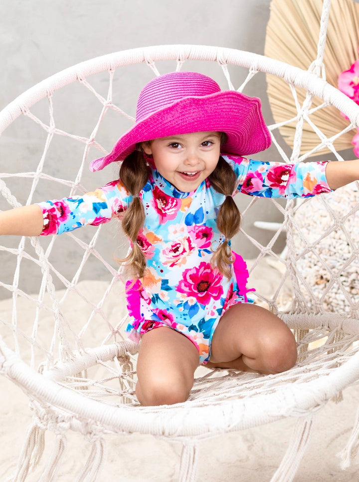 Toddlers Floral Swimsuits | Girls Floral One Piece Rash Guard Swimsuit