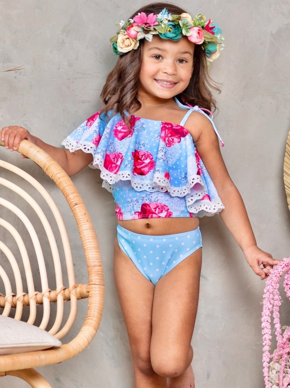 Kids Swimsuits | Little Girls Rose Print Ruffle Two Piece Swimsuit