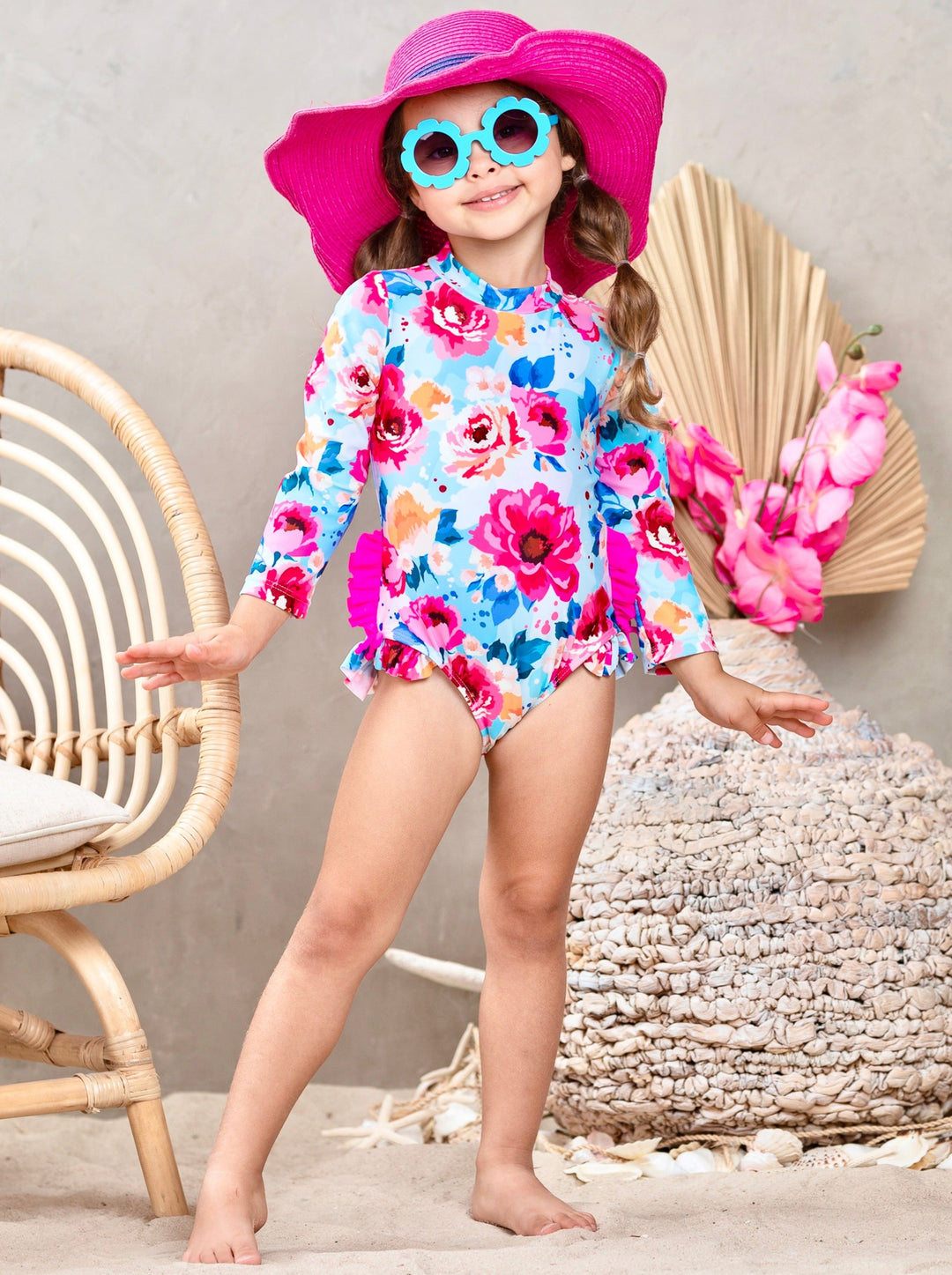 Toddlers Floral Swimsuits | Girls Floral One Piece Rash Guard Swimsuit