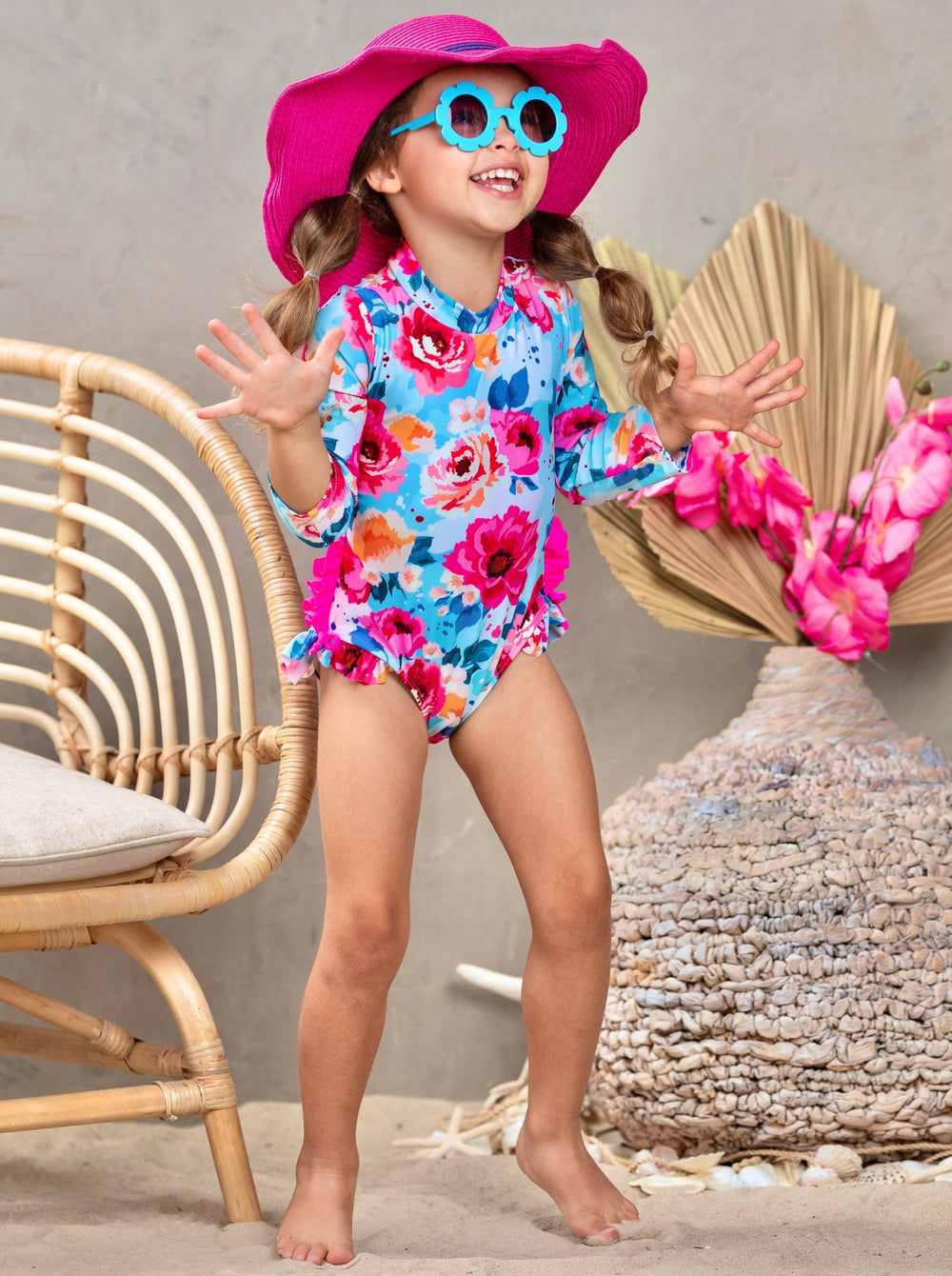 Toddlers Floral Swimsuits | Girls Floral One Piece Rash Guard Swimsuit