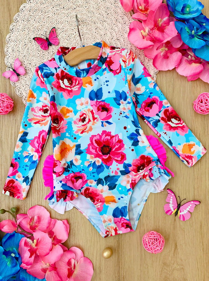 Toddlers Floral Swimsuits | Girls Floral One Piece Rash Guard Swimsuit