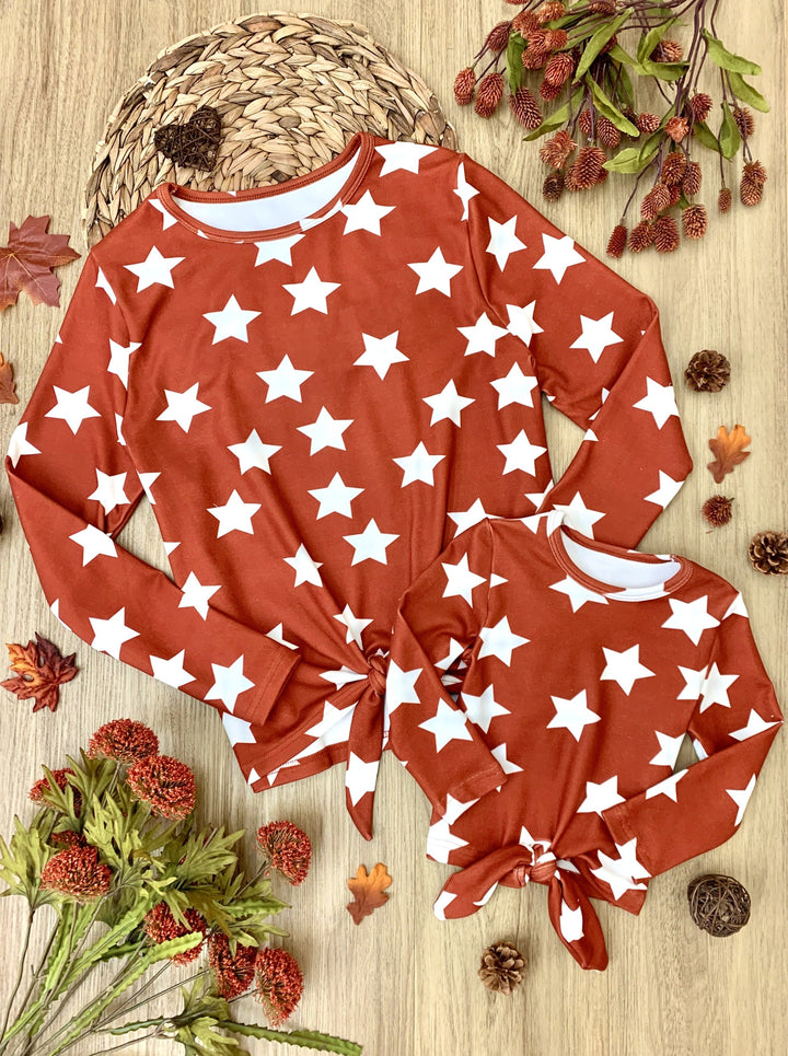 Mommy & Me Fall Tops | Star Print Knot Hem Tops - Mia Belle Girls