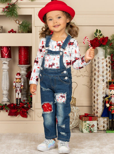 Cute Winter Sets | Girls Plaid Moose Print Patched Denim Overall Set ...