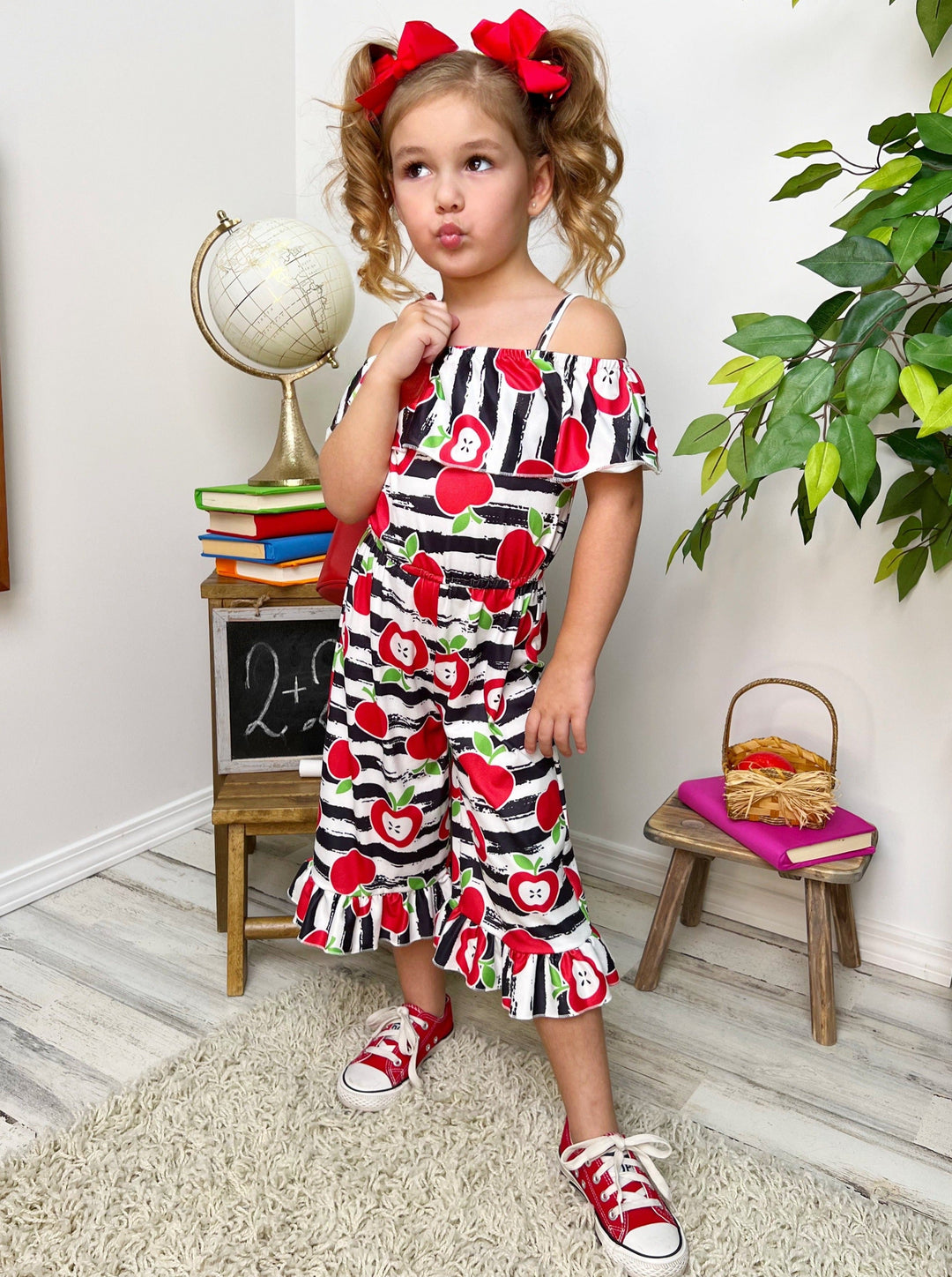 First Day of School Apple Stripe Ruffle Hem Jumpsuit | Mia Belle Girls