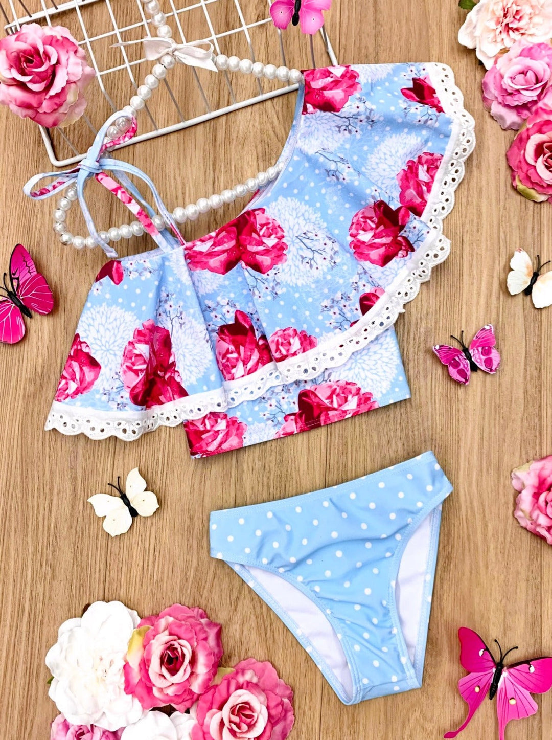 Kids Swimsuits | Little Girls Rose Print Ruffle Two Piece Swimsuit