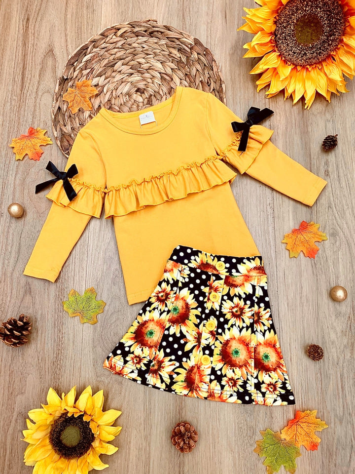 Little girls Fall long-sleeve ruffled top with bow accents and sunflower polka dot print skirt with button applique - Mia Belle Girls