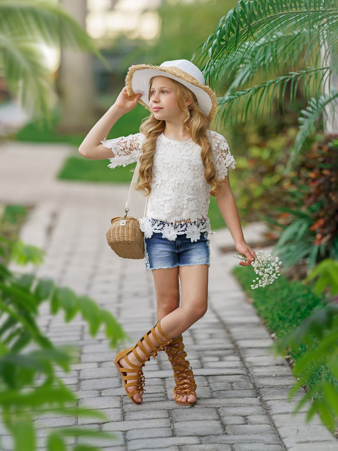 Lovely In Lace Denim Shorts Set