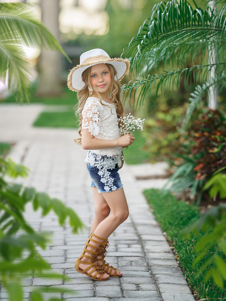 Lovely In Lace Denim Shorts Set