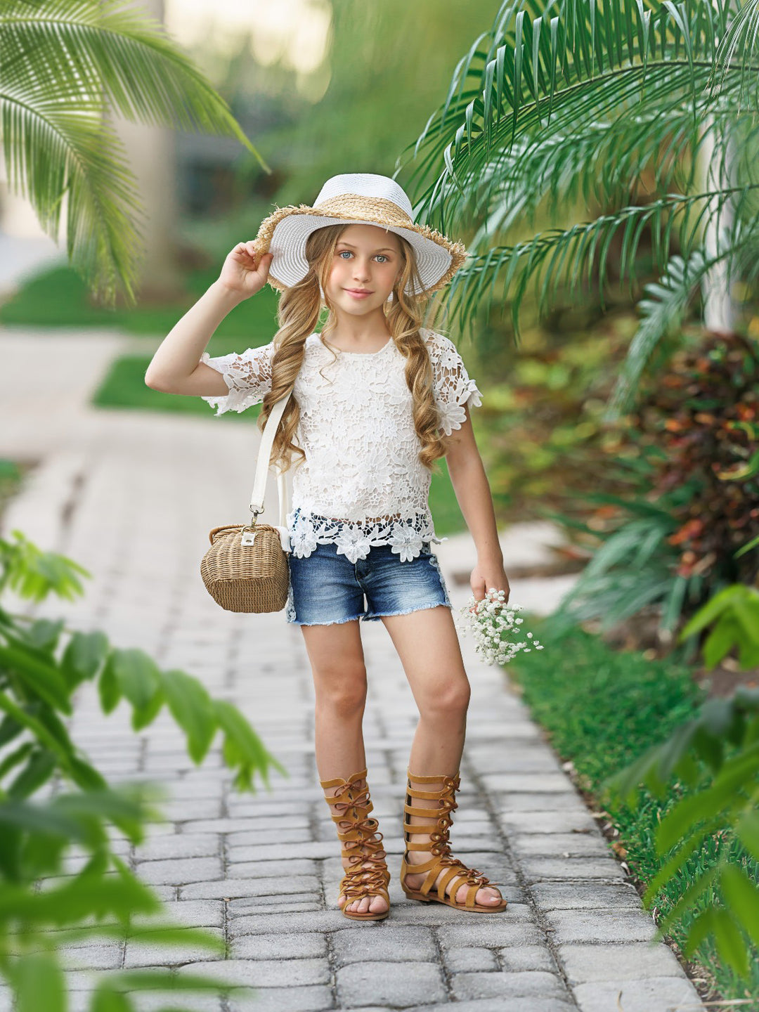 Lovely In Lace Denim Shorts Set