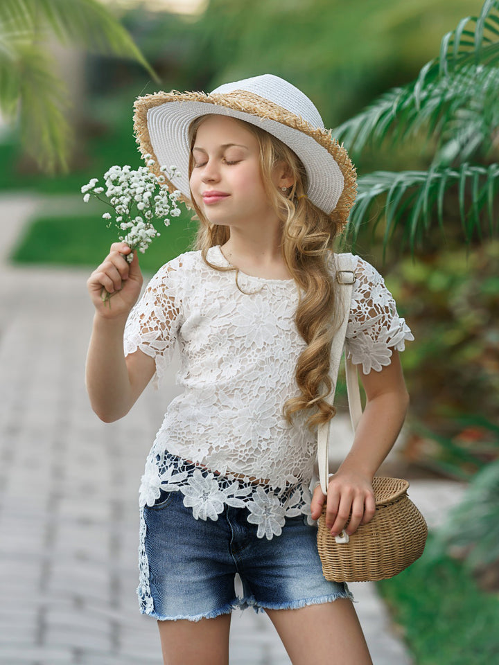 Lovely In Lace Denim Shorts Set