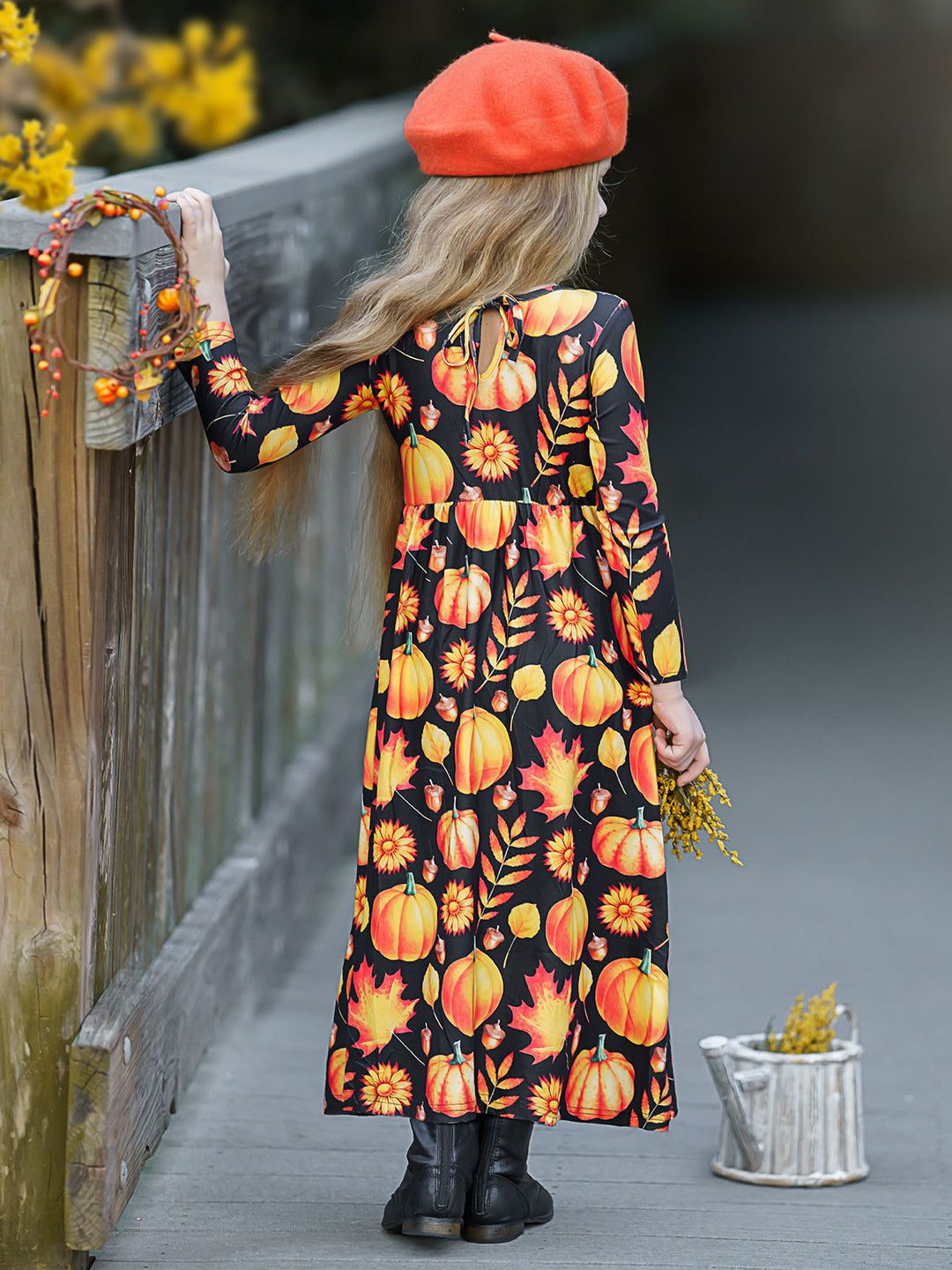 Girls Long Sleeve Pumpkin Printed Maxi Dress