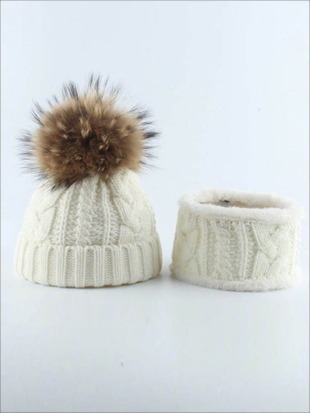 Kids Cable Knit Pom Pom Beanie with Neck Scarf - White - Girls Hats