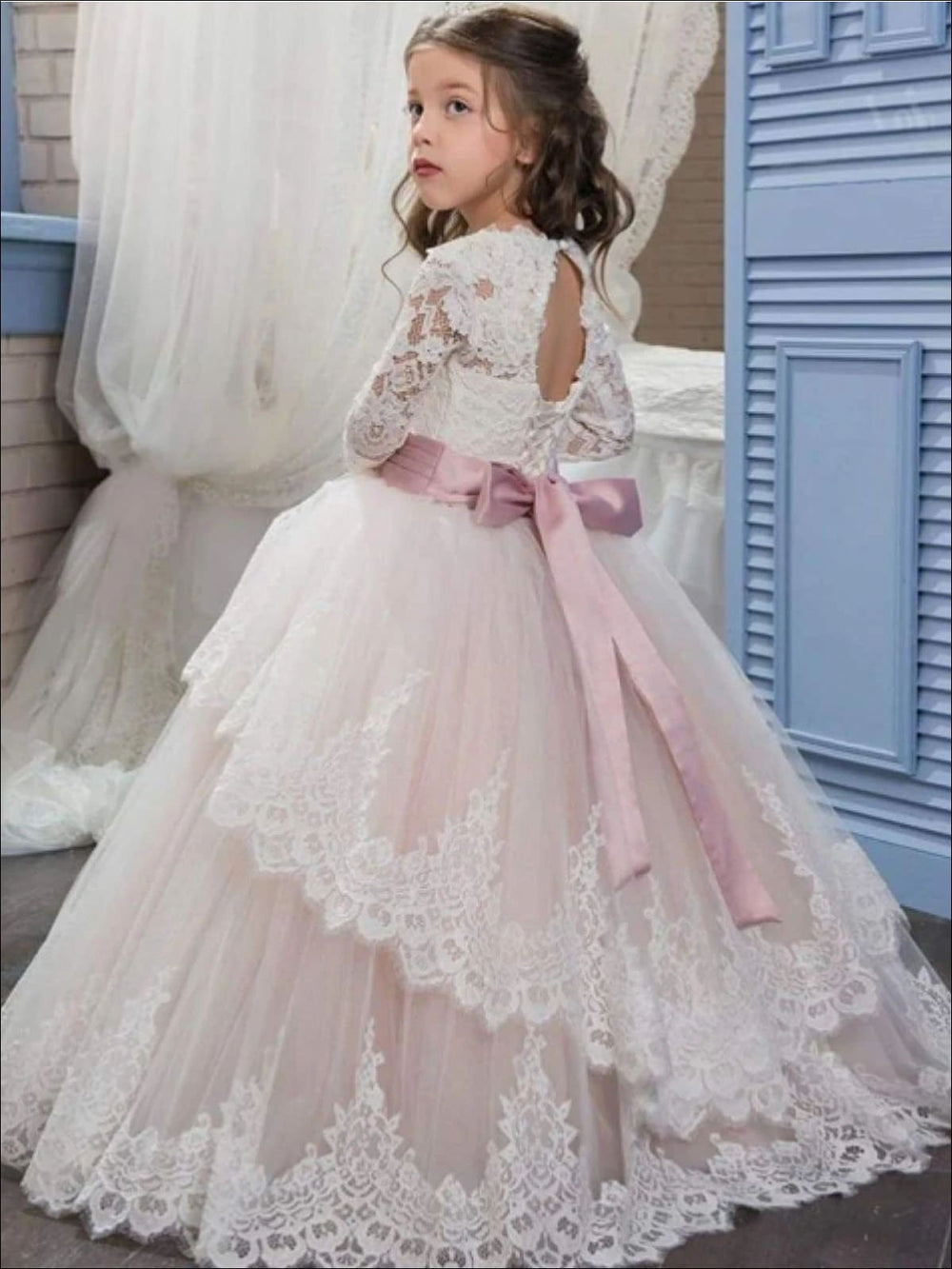 Girls Communion Dresses | Lace Sleeve Crystal Sash Princess Gown