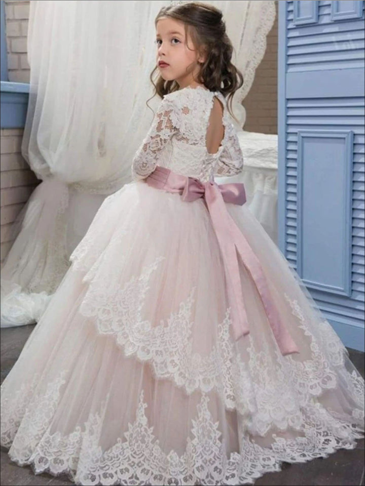 Girls Communion Dresses | Lace Sleeve Crystal Sash Princess Gown