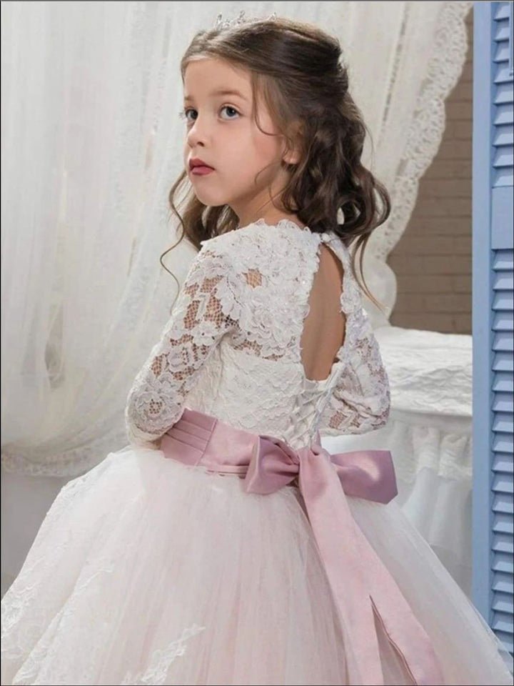 Girls Communion Dresses | Lace Sleeve Crystal Sash Princess Gown