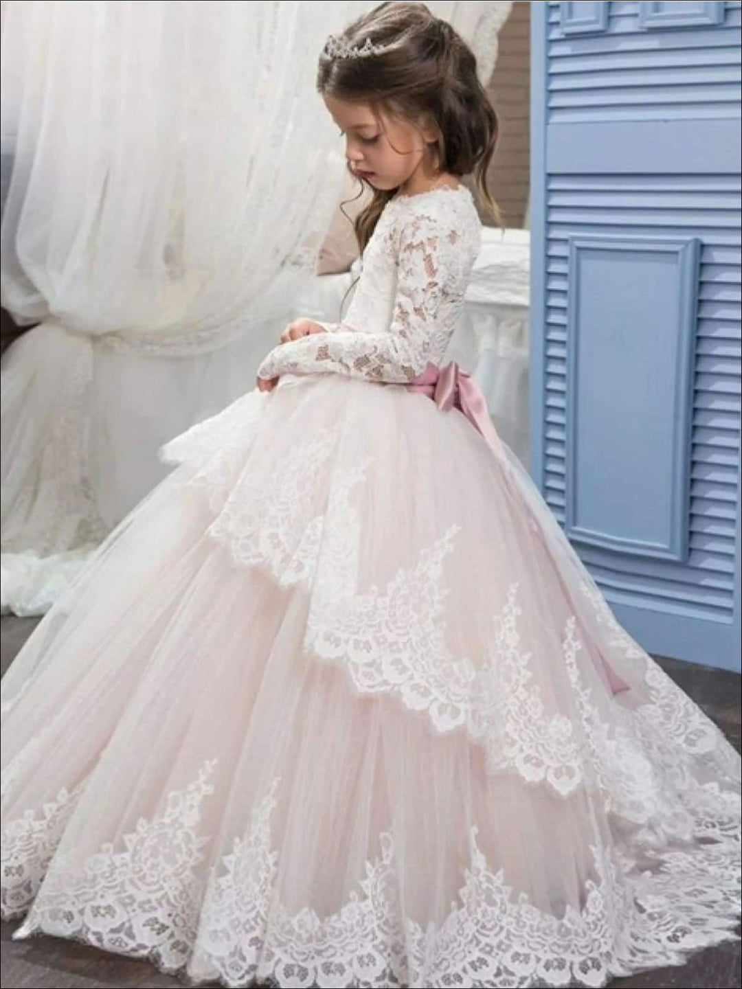 Girls Communion Dresses | Lace Sleeve Crystal Sash Princess Gown