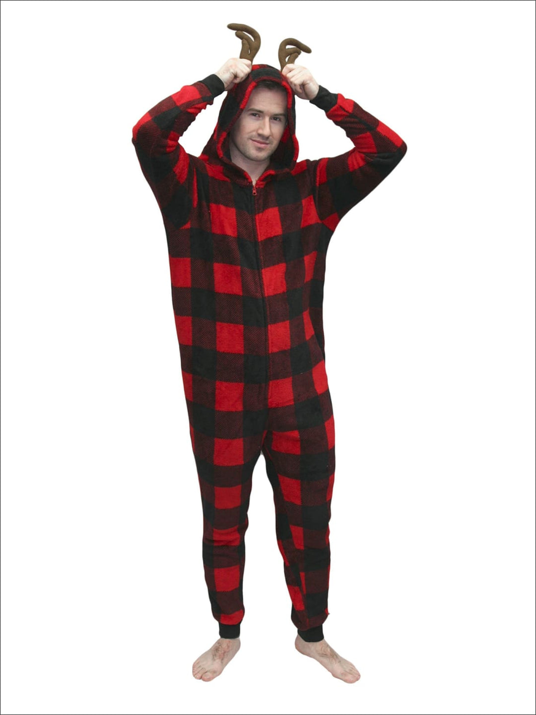 Mens Womens Buffalo Plaid Deer Onesie Pajama - S/M / Red & Black