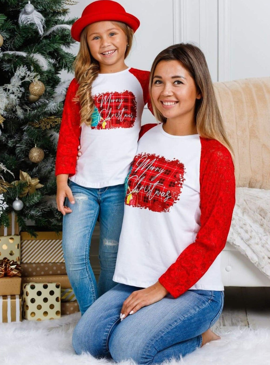 Mommy and Me Matching Tops | Merry Christmas Raglan Lace Tops