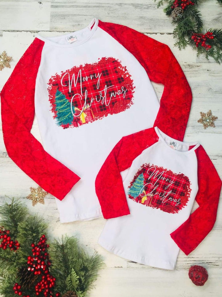 Mommy and Me Matching Tops | Merry Christmas Raglan Lace Tops