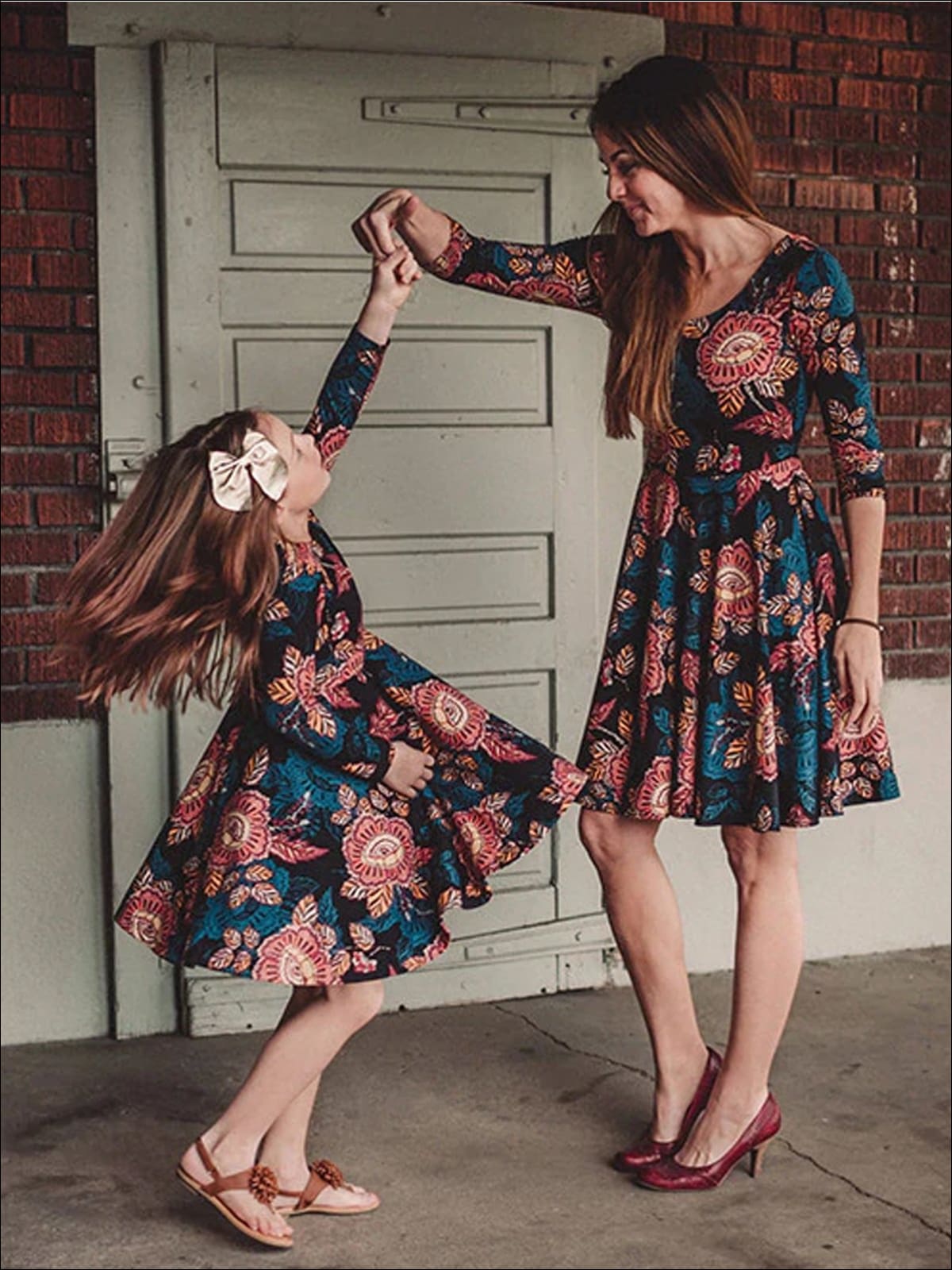 Mommy and Me Fall Casual Floral Print Dress Mia Belle Girls