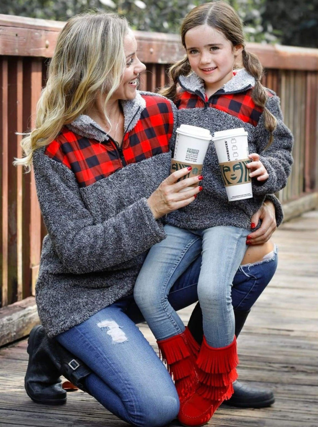 Mommy & Me Sweaters | Fleece Plaid Collar Sweater | Mia Belle Girls