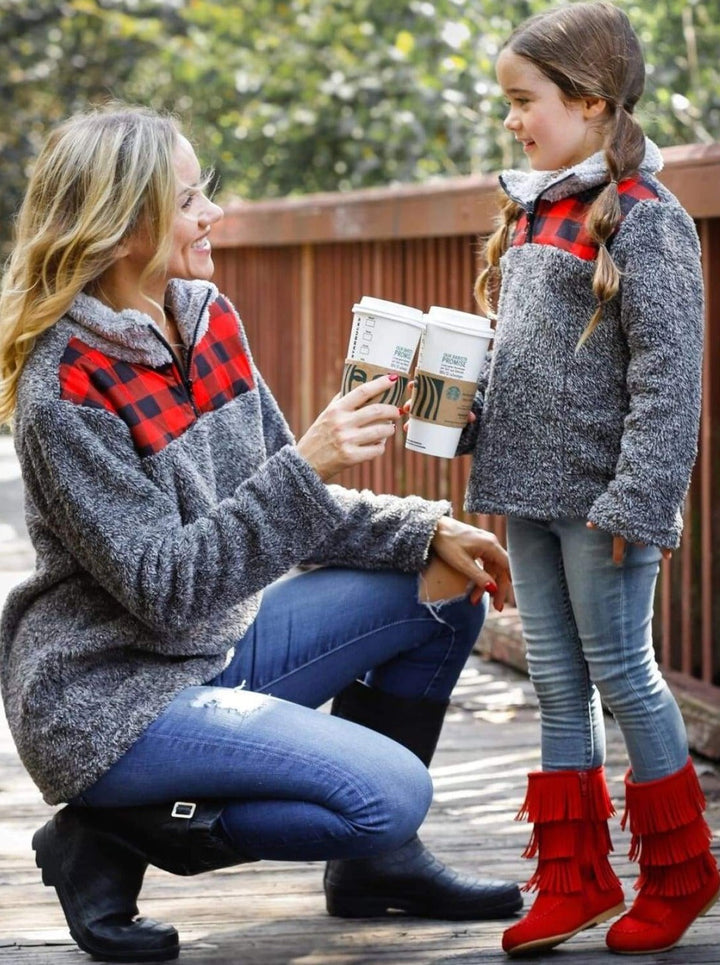 Mommy & Me Sweaters | Fleece Plaid Collar Sweater | Mia Belle Girls