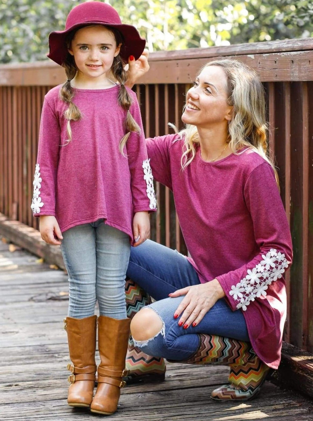 Mommy & Me Fuchsia Long Sleeve Hi-Lo Flower Trim Tunic - Mommy & Me Top