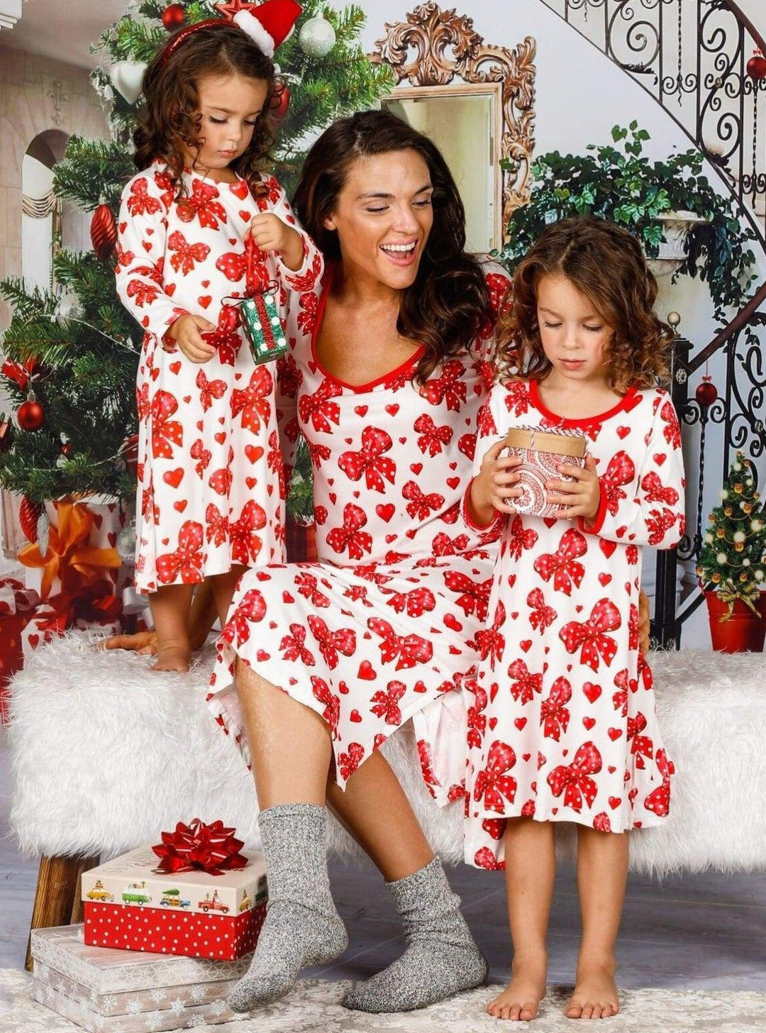 Mommy & Me Long Sleeve Side Slit Holiday Nightgown Pajama - Mommy & Me Pajamas