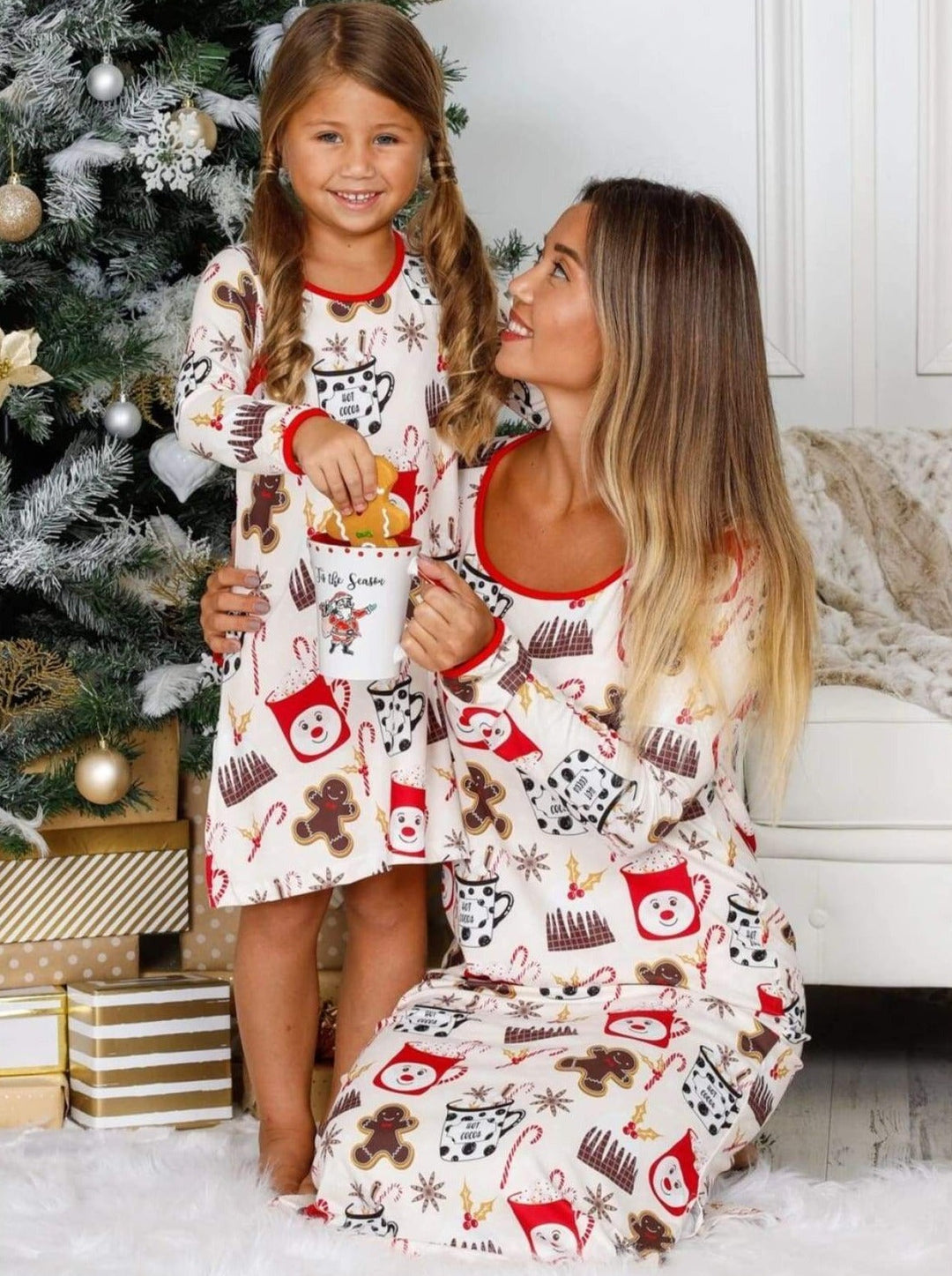 Mommy & Me Long Sleeve Side Slit Holiday Nightgown Pajama - Mommy & Me Pajamas