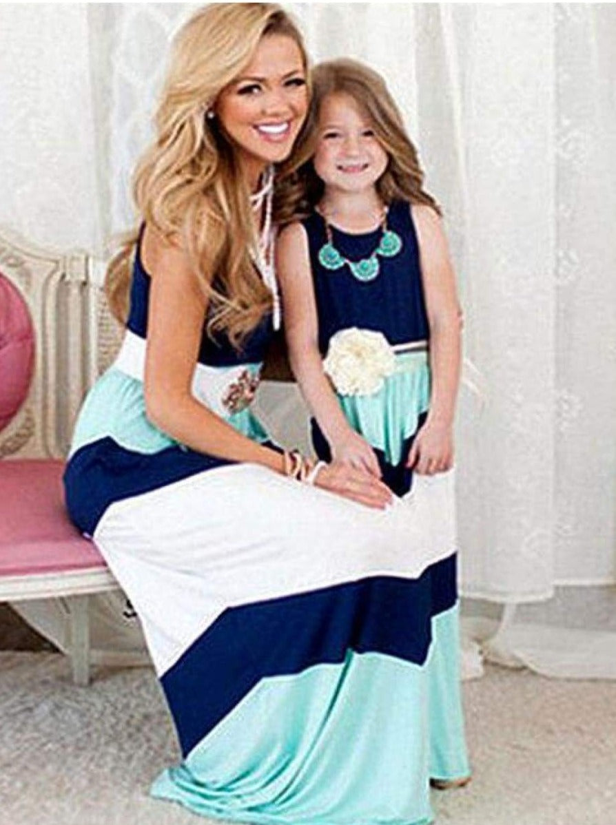 Mommy & Me Chevron Print Please Maxi Dress - Navy/Mint/White / Mom S - Mommy & Me