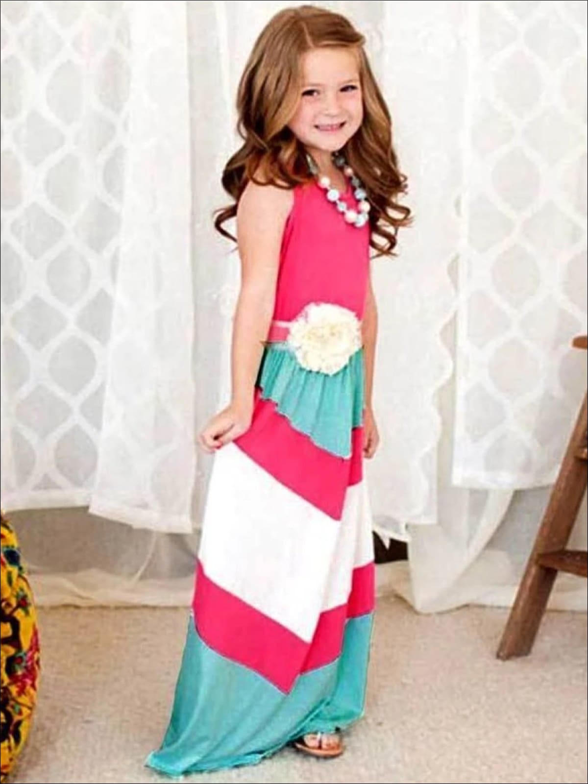 Mia Belle Girls S Mommy and Me Pink Blue and White Chevron Maxi Dress Multicolor Mom XL