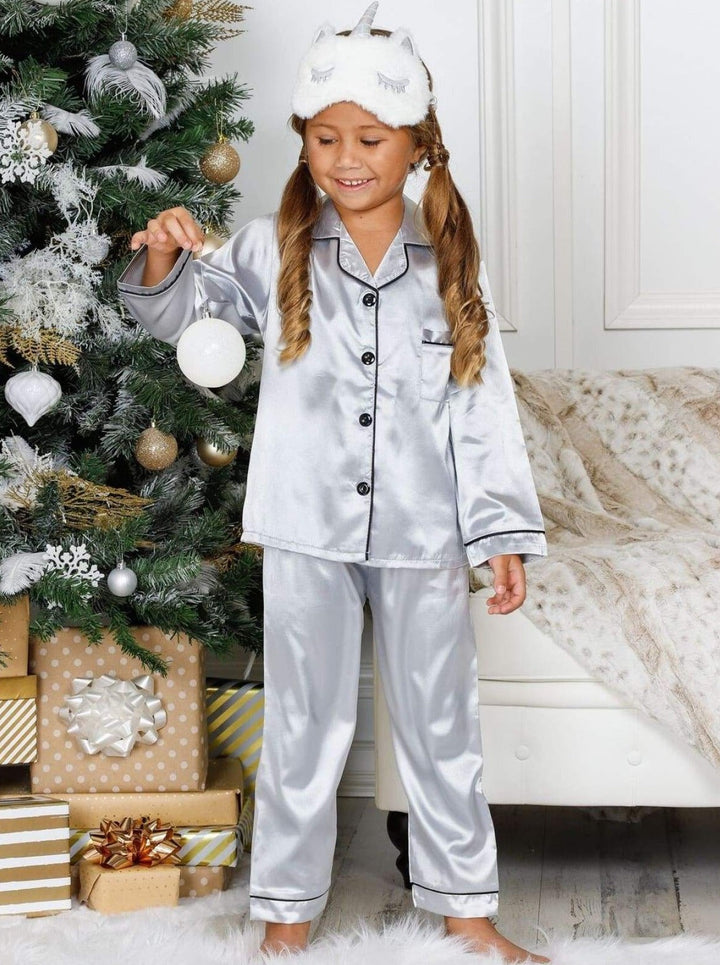 Mommy & Me Silky Long Sleeve Pajamas (Navy Pink Silver) - Mommy & Me Pajama