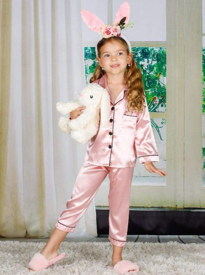 Mommy & Me Silky Long Sleeve Pajamas (Navy Pink Silver) - Mommy & Me Pajama