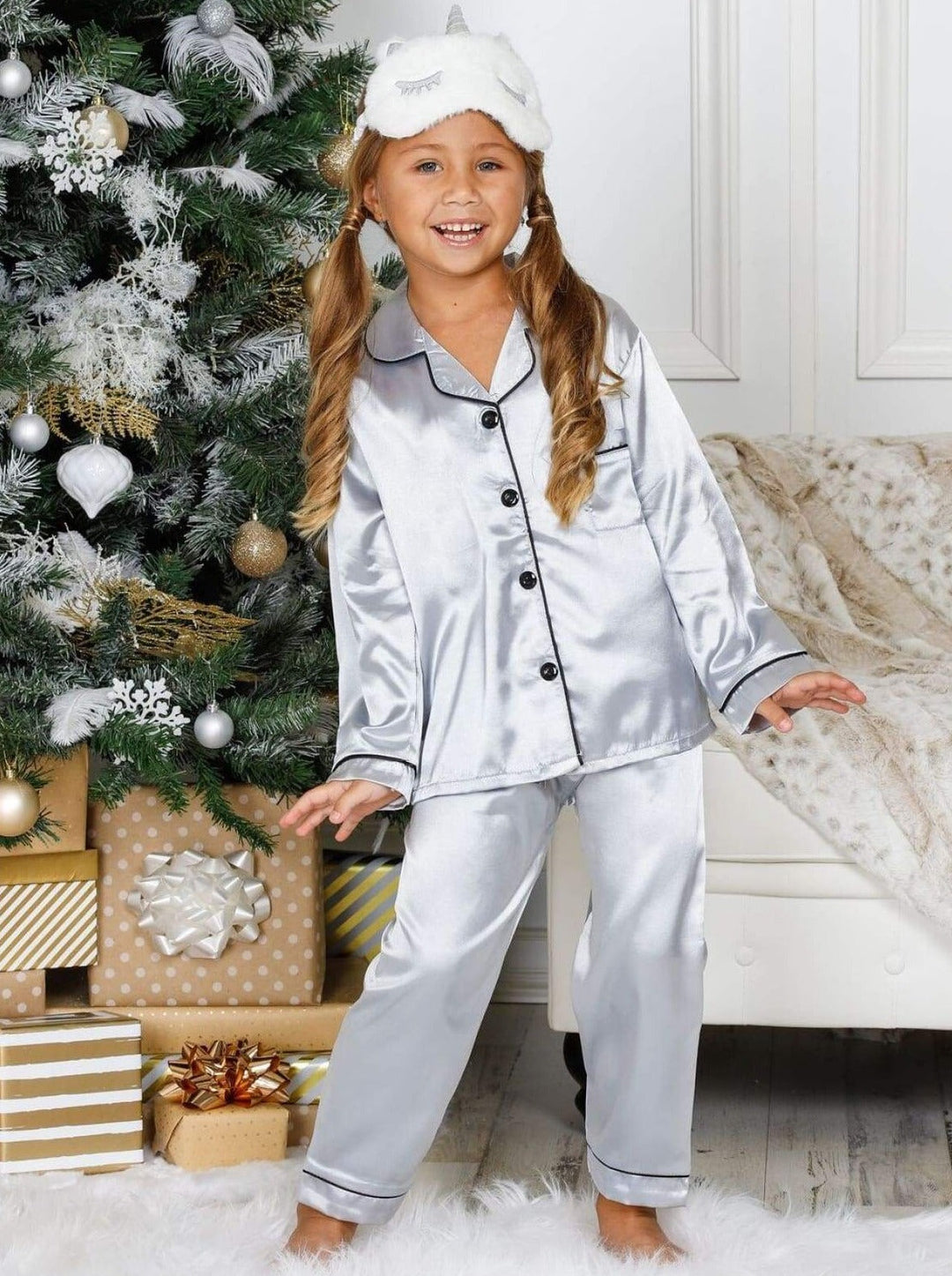 Mommy & Me Silky Long Sleeve Pajamas (Navy Pink Silver) - Mommy & Me Pajama